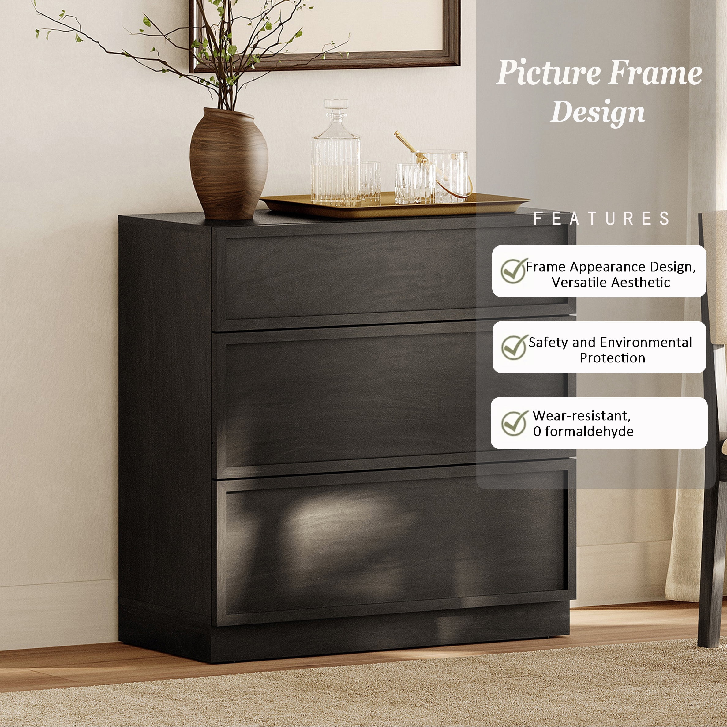 Modern 3-Drawer Wood Dresser, Handle-Free Push-Press Storage Chest with Solid Floor Base, Minimalist Storage Cabinet for Bedroom Living Room, Black