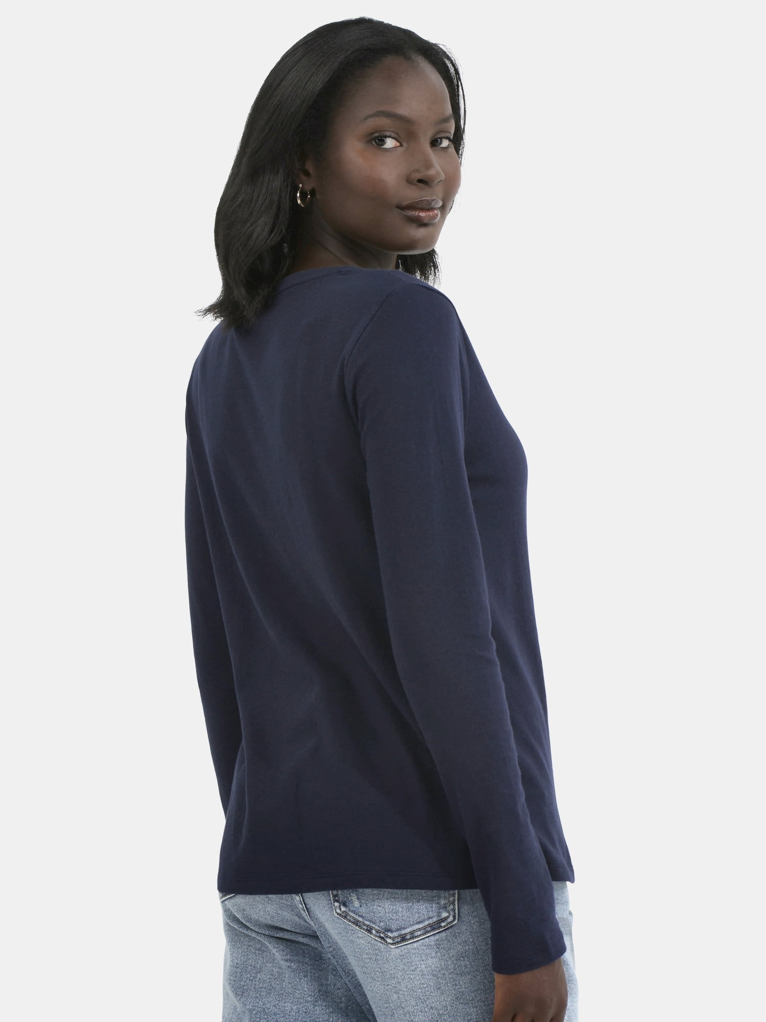 Time and Tru Women's Cotton Crewneck Tee with Long Sleeves, Sizes XS-XXXL