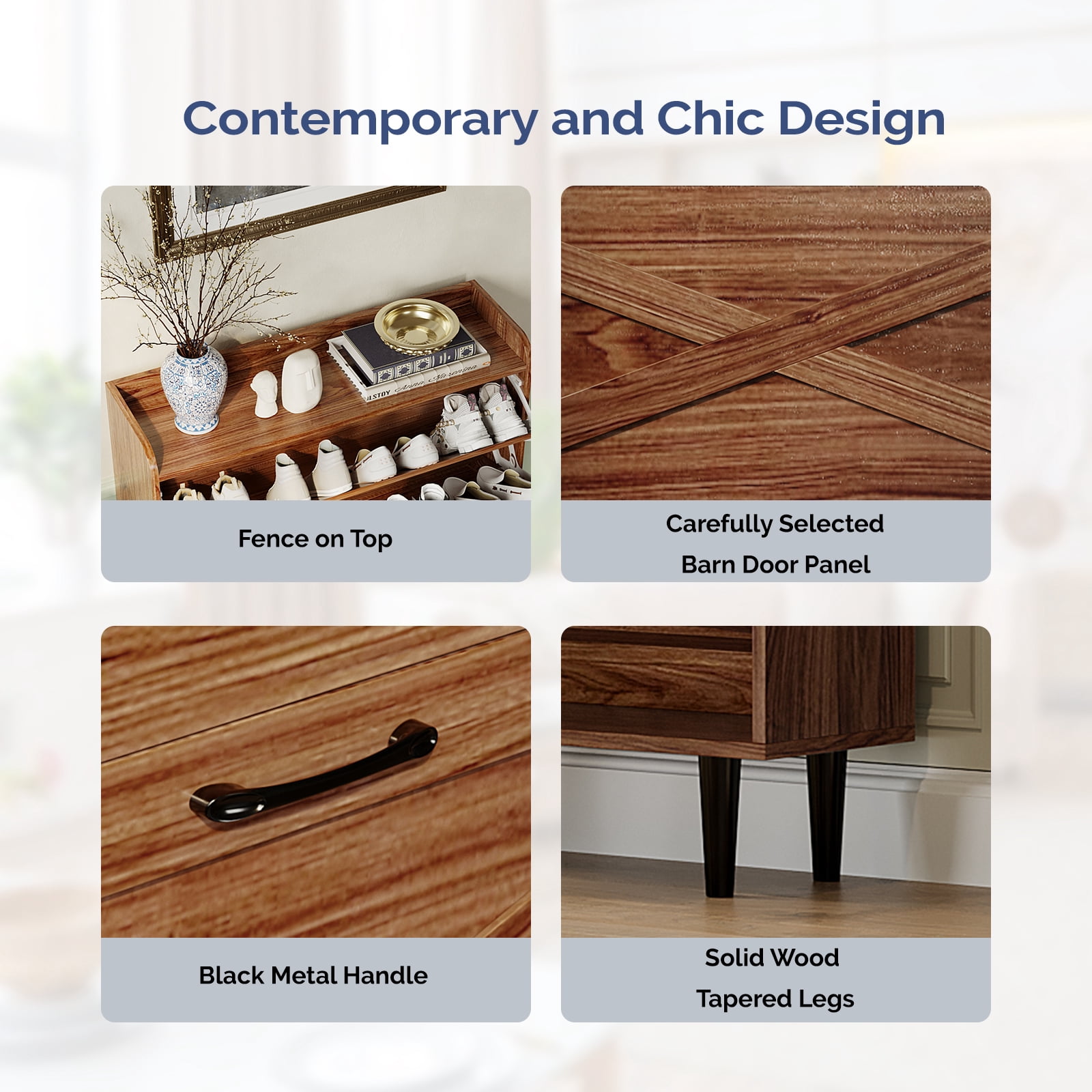 2-Drawer Top Enclosure Barn Door Shoe Cabinet Melamine Board Embossed MDF Shoe Cabinet, 31.61*9.45*39.37in, Walnut