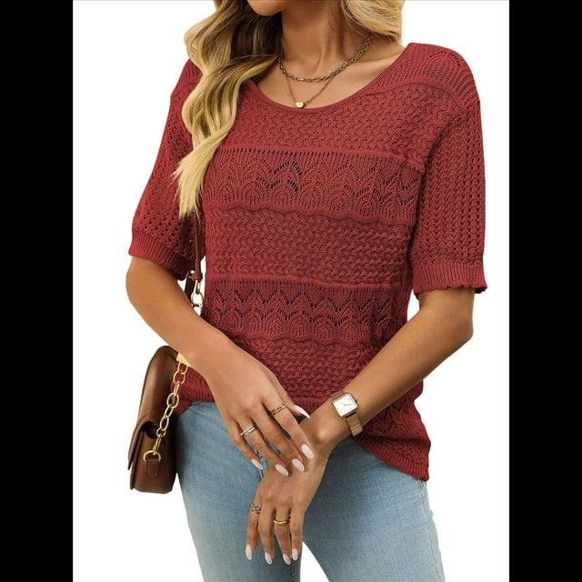 Suéteres de Punto de Cuello Redondo y Corta para Mujer, de Verano, Color Rojo, Talla XL