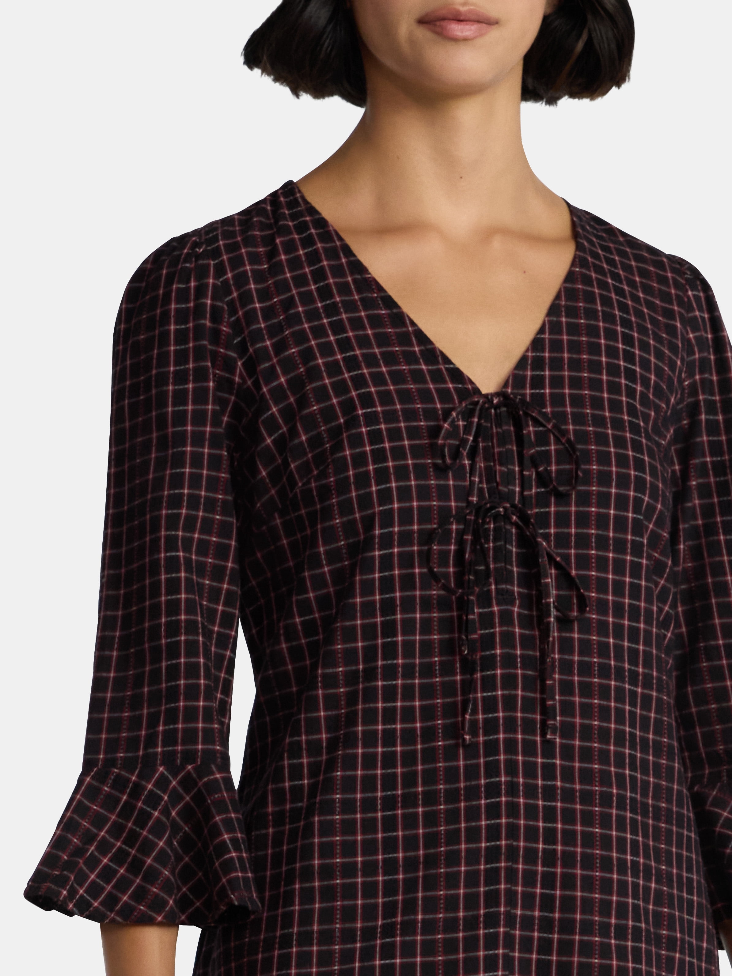 Time and Tru Women's Plaid Tie Front Mini Dress, Sizes XS-XXXL