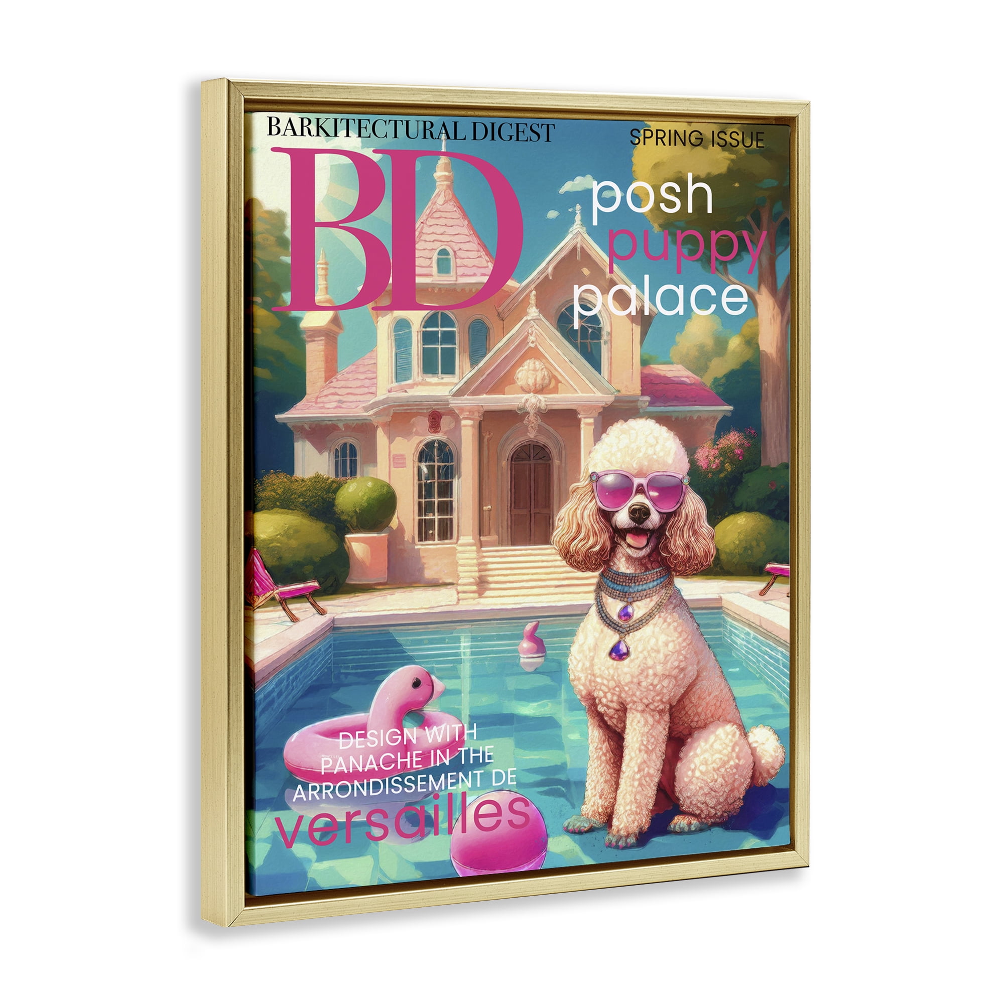 Stupell Industries Poodle Magazine Parody Gold Framed Floater Canvas Wall Art, design by Grotto Studios