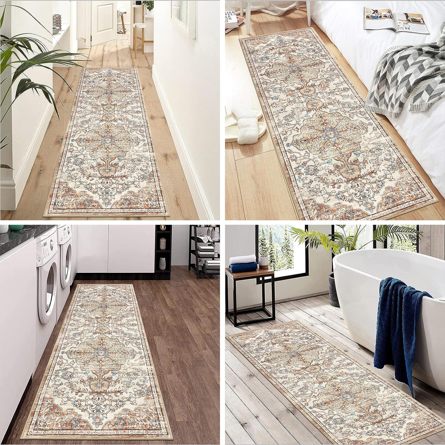 Findosom 2'x6' Vintage Runner Rug 0.4" Distressed Hallway Rug Non Slip Laundry Runner Rug Decor Rug Washable Runner Rug Kitchen Floor Mat Entryway Rug Runner for Laundry Kitchen Entryway, Beige