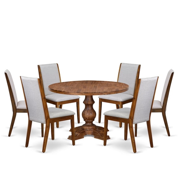 Luxe by East West Furniture 7-Pc Modern Dining Set Of A Pedestal Dining Table, 6 Grey Fabric Parson Chairs