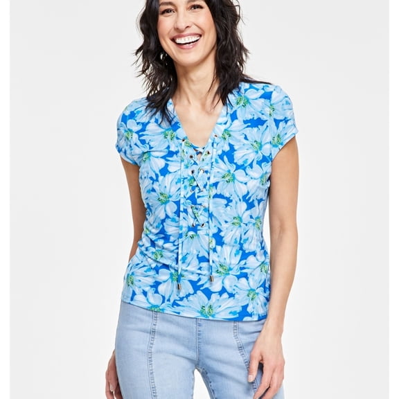 I.N.C Womens Jearsy Knit Blouse, Blue, X-Small