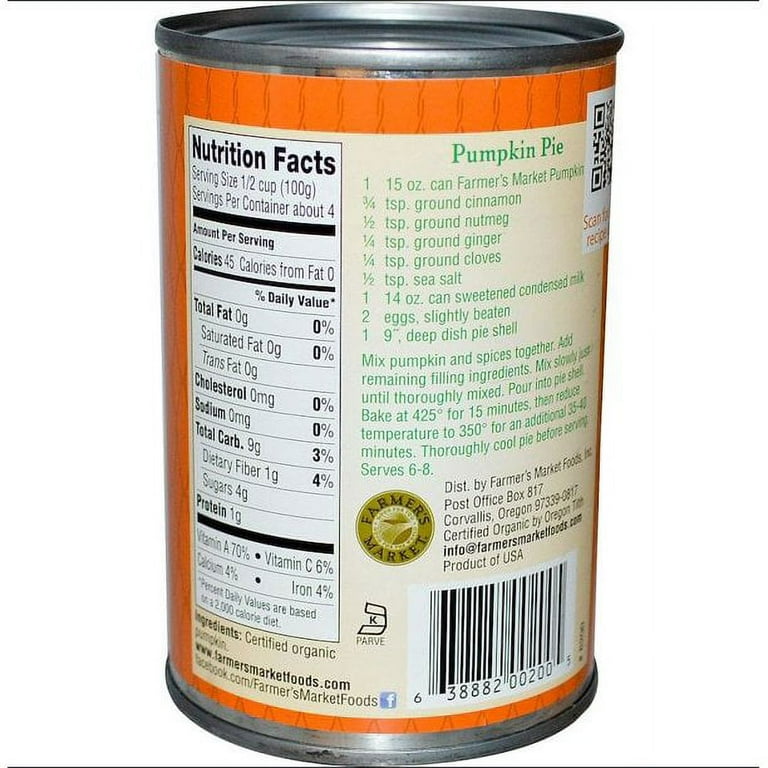 Farmer's Market Organic Pumpkin Puree - Pack Of 12, 15 Ounce Cans
