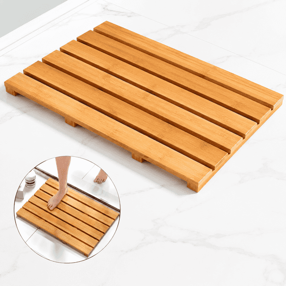 Bamboo Bath Mat – 21 x 14 Inch Non-Slip Shower Mat with Slatted Drainage Surface, Sturdy Waterproof Bathroom Floor Mat for Indoor and Outdoor Use