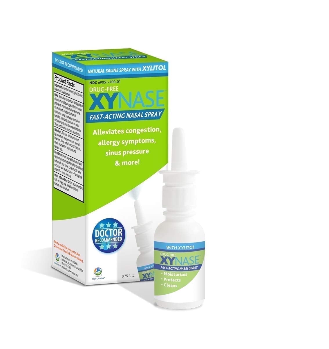 Xynase Saline Nasal Spray with Xylitol, Gentle Mist for Dry Nose & Sinus Hydration, Steroid-Free, 0.75 fl oz