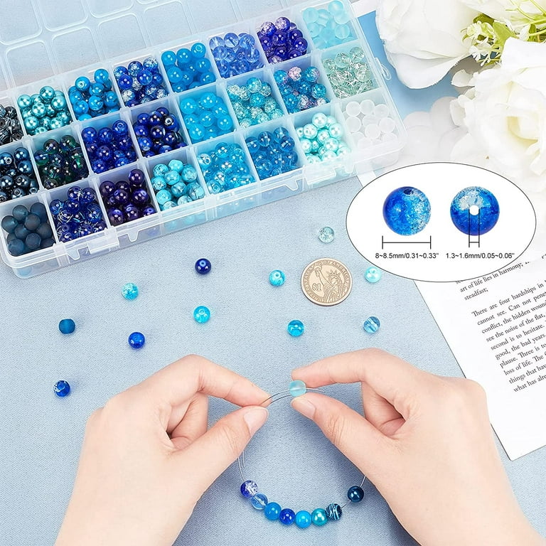 600pcs 24 Color Blue Glass Beads 8mm Blue Sea Round Glass Beads Loose Beads  for Summer Bracelets, Necklaces, Crafts DIY Jewelry Making 