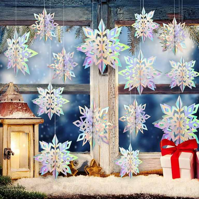 12/24/36X 3D Wonderland Iridescent Christmas Snowflake Ornaments Glittery  Large Holographic Hanging Snowflakes Garland for Xmas Tree Winter Frozen  Birthday New Year Party Home Streamer Backdrop Decor 