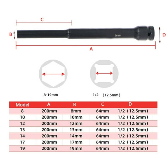 Socket Extension Bar 1/2Inch Hex Socket Extender Socket Drive 200Mm 8Mm