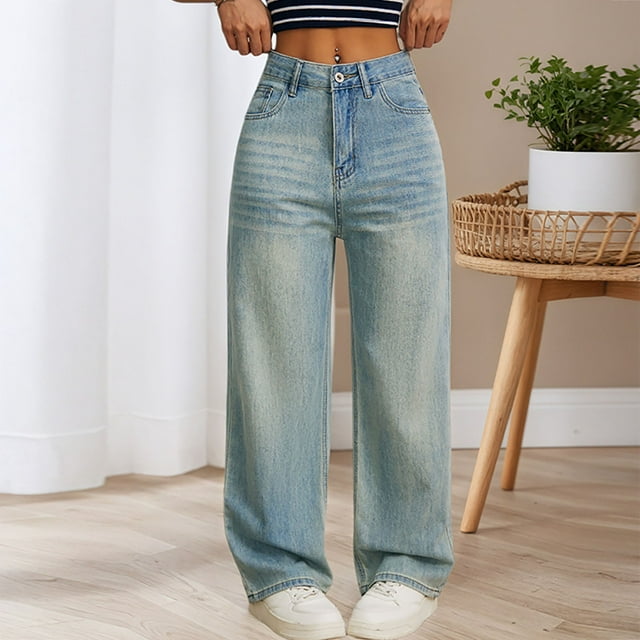 Soki Womens Wide Leg Jeans Straight Leg Washed Denim Jeans Pants Boyfriend Jeans