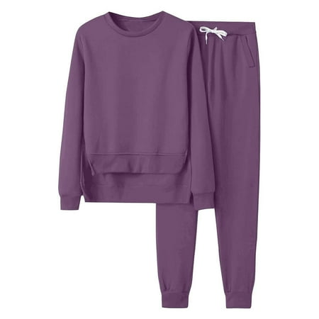 BYHONG Women s Solid Color Pants Casual Loose Fit Velvet Lined Pants for Women Round Neck Long Sleeve Two Piece Set Womens Pant Suits Purple XL