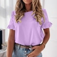 thumbnail image 2 of Women's Short Sleeve Casual T Shirts Summer Ruffle Plain Round Neck Loose Fit Tee Blouse Tops, 2 of 2