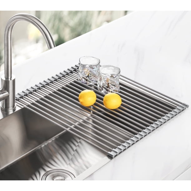 Escurreplatos Enrollable de 45 x 39 Cm. Tomorotec, Escurridor de Platos Grande, Multiusos, Plegable, de Acero Inoxidable, para Colocar sobre el Fregadero, Ideal para Tazas, Frutas y Verduras.