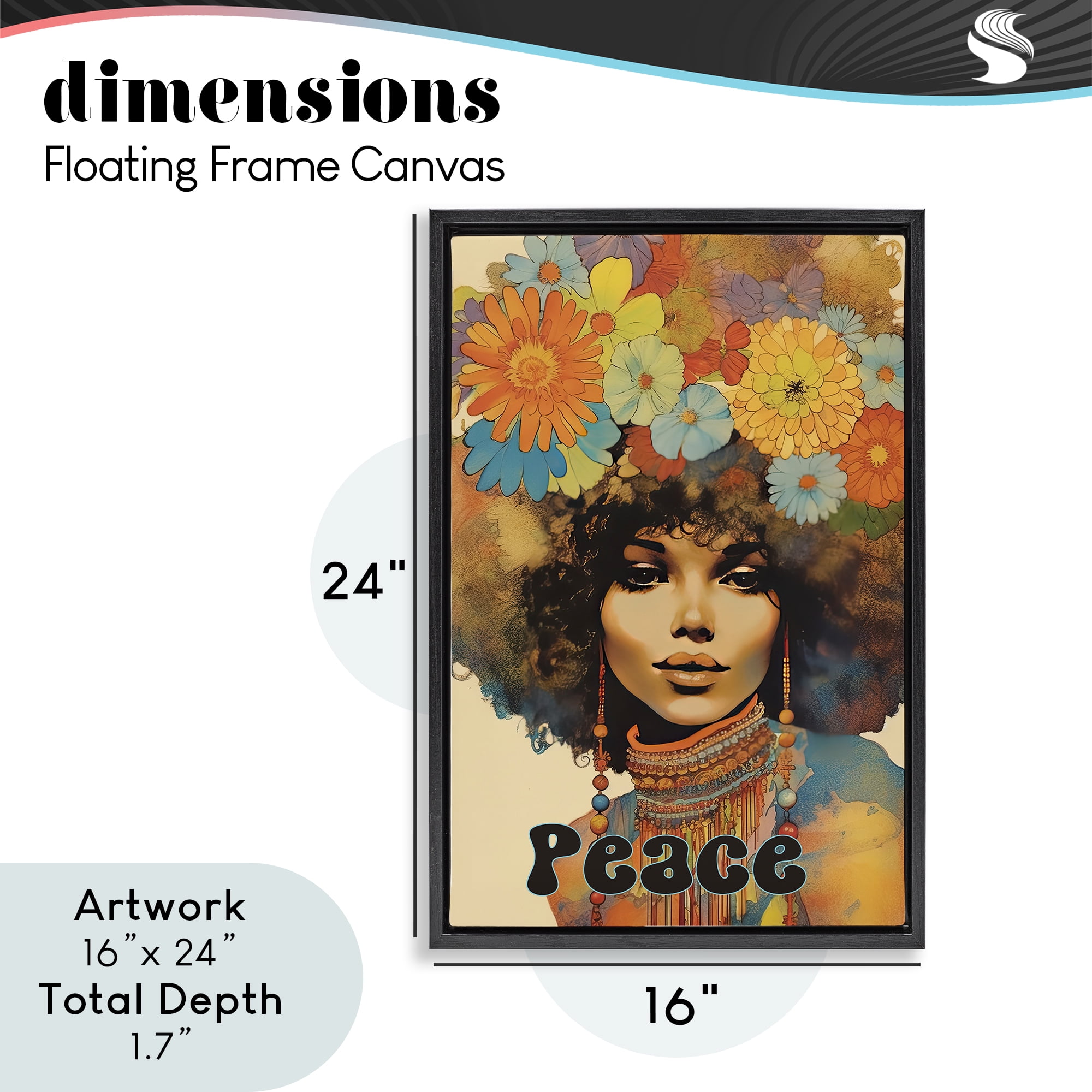 Peace Groovy Afro Girl Black Framed Floater Canvas Wall Art, design by Sasha