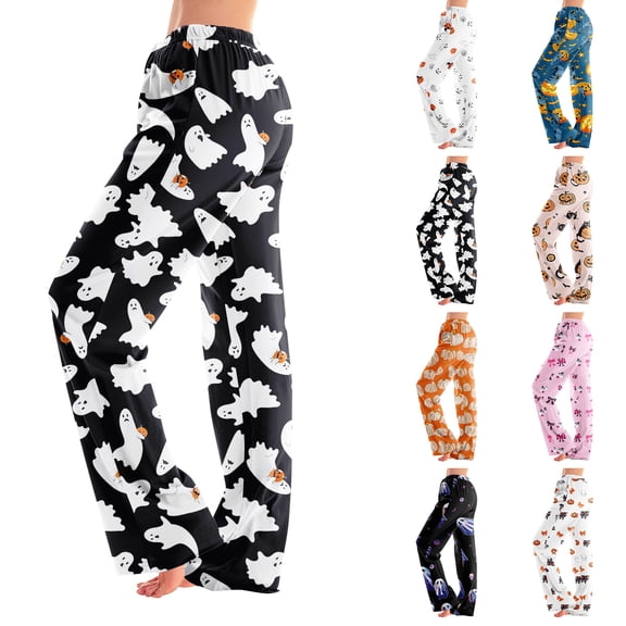 Zorvxlyn Boo Ghost Pumpkin Graphic Pajama Pants Women Wide Leg Pj Bottoms for Women Halloween Print Comfy Lounge Pants Women