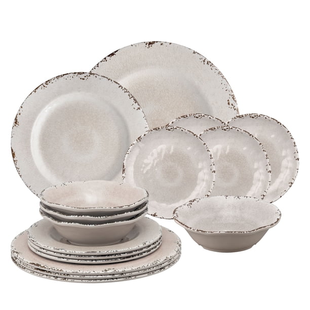 Gourmet Art 16Piece Crackle Melamine Dinnerware Set, Cream, Service