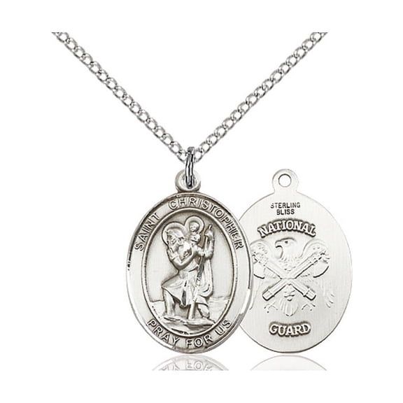 Sterling Silver St. Christopher / Nat'l Guard Pendant 3/4 x 1/2 inches with Sterling Silver Lite Curb Chain