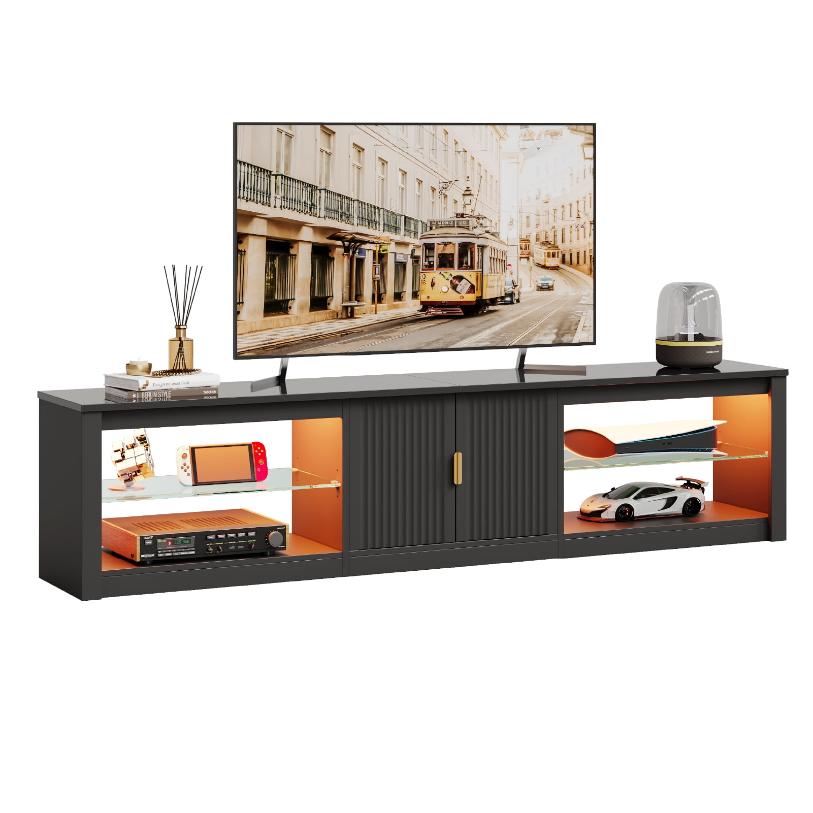 Bestier 80 inch TV Stand for TVs up to 85", High Gloss Entertainment Center with LED Lights & Storage Cabinet, Modern Fluted TV Console, Black