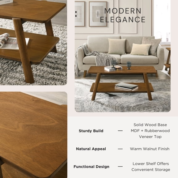 Coffee Tables Metz Mid-Century Modern Wood Shelf Coffee Table, Walnut Finish,Coffee Tables With Storage