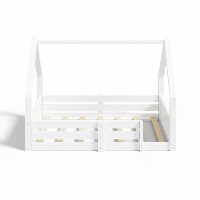 Euroco Wood Twin Size Platform Bed, Low Profile House Floor Bed with Guardrails, White