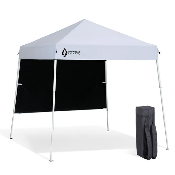 ARROWHEAD OUTDOOR 6'x6' Top / 8'x8' Base Backpack Pop-up Canopy with Sunwall Sand Bags Guide Ropes Ground Stakes UV-Resistant Hands Free Carrying - White