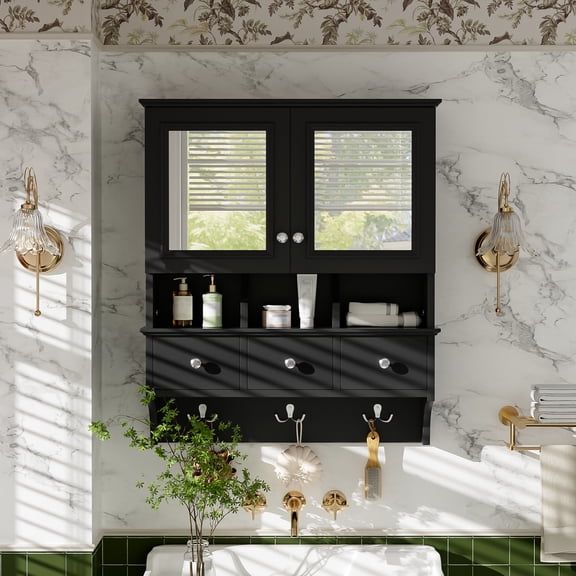 LiviNest 4-in-1 Bathroom Mirror Cabinet: 24-inch Wall Mounted Medicine Cabinet with Drawers & Hooks - Clear Mirrors & 100lbs Storage for Small Bathrooms & Apartments