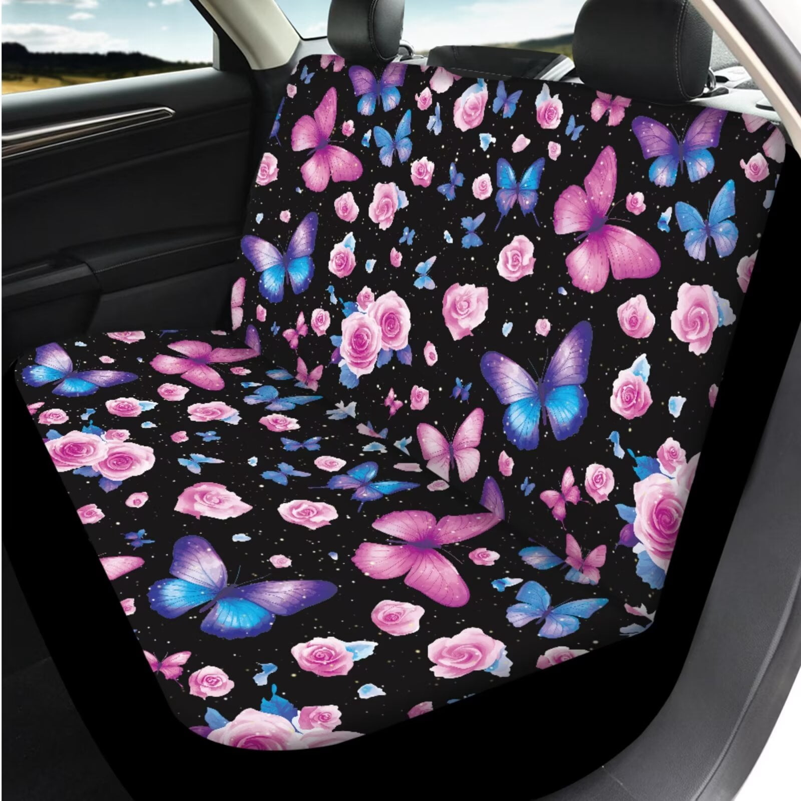 Garronmavis Butterfly Flower Car Seat Covers Set 14 Pcs Headrest Protector Car Steering Wheel Cover Armrest Cover Car Seat Belt Covers Key Ring and Cup Coaster Universal Fit for Auto Cars SUV