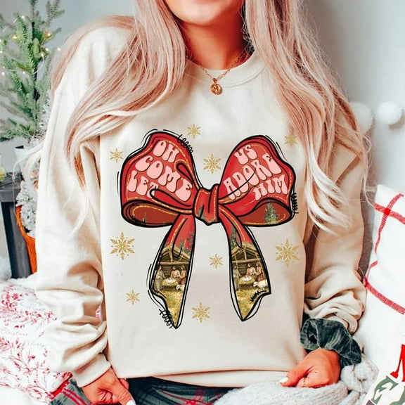 Oh Come Let Us Adore Him Sweatshirt, Coquette Nativity Scene Christmas Shirt, Baby Jesus SWEAT Sweatshirt, Oh Holy Night Faith-Based Holiday Top BO120707