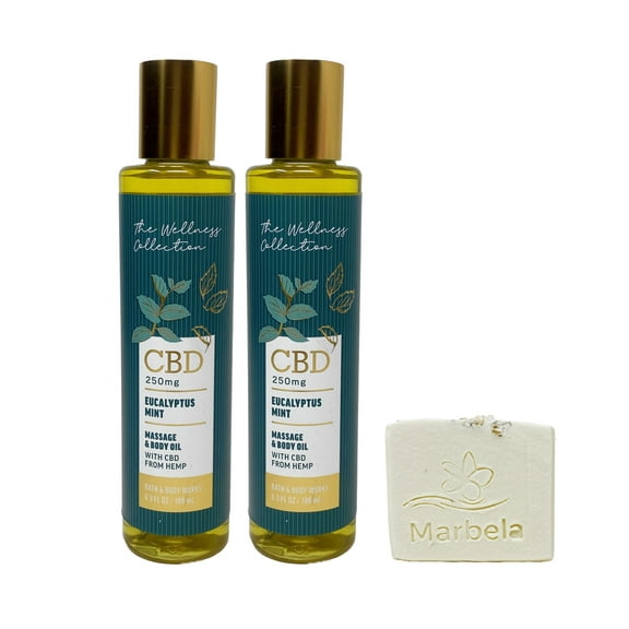 Bath & Body Works Eucalyptus Mint Pack of 2 Massage & Body Oils with a Marbela Natural Oats Sample Soap