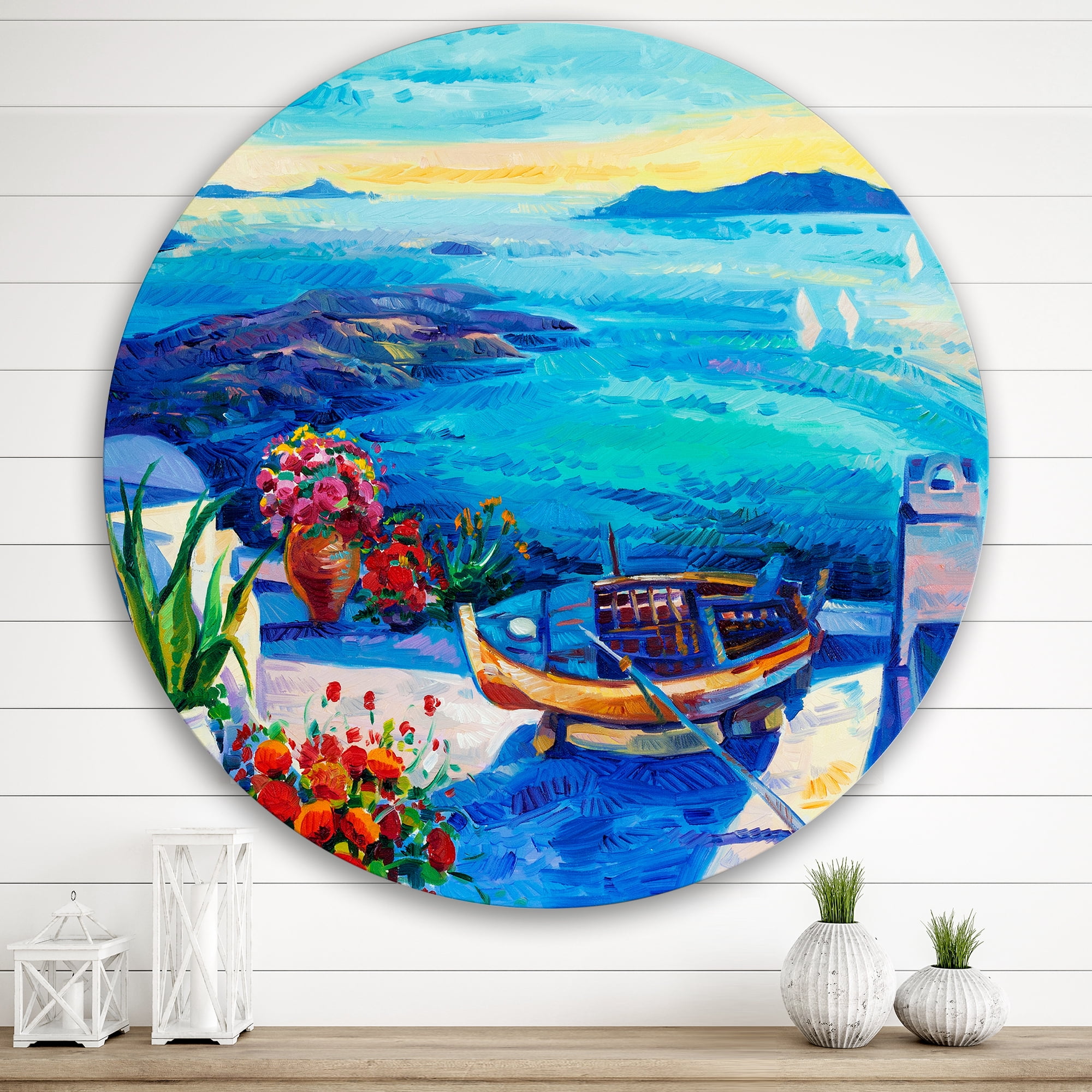 Designart 'Little Red Flowers With Sea View' Nautical & Coastal Circle Metal Wall Art 29x29 - Disc of 29