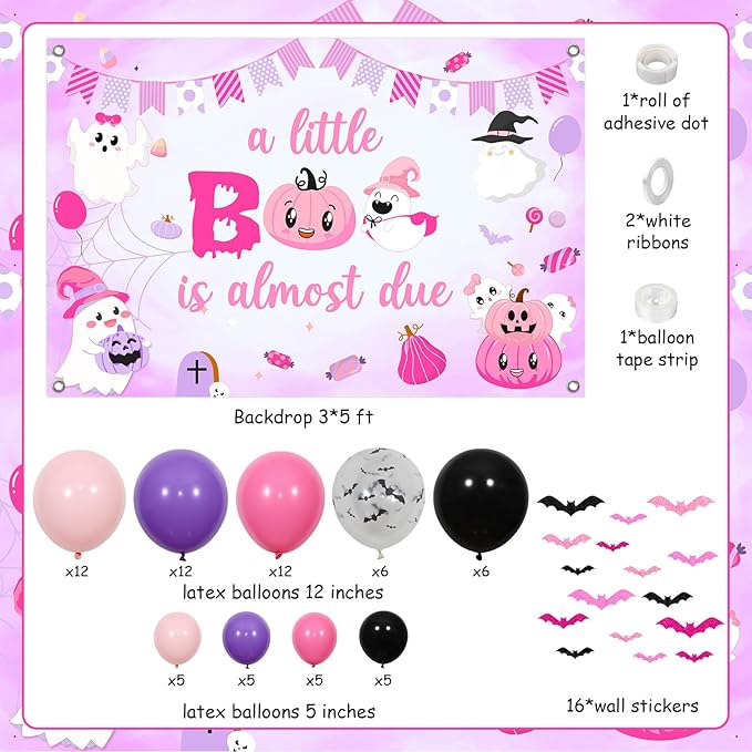 Halloween Baby Shower Balloon Arch Garland Kit, A Little Boo Is Almost Due Banner Backdrop, Bat Wall Stickers, Halloween Baby Shower Birthday Party Supplies for Girls