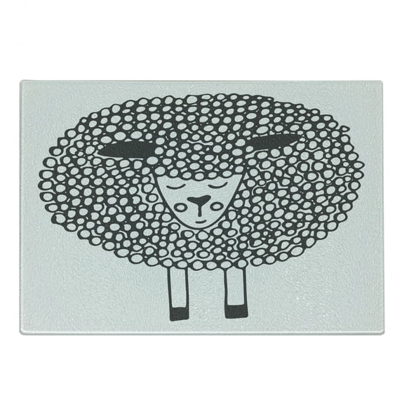 Grey and White Cutting Board, Monochrome Sheep with Doodle Design Farm Animal Illustration, Decorative Tempered Glass Cutting and Serving Board, Small Size, Charcoal Grey and White, by Ambesonne