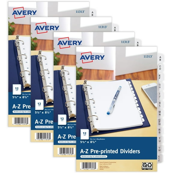Avery A-Z 12-Tab Mini Dividers, 8.5" x 5.5", 4 Sets (43131)