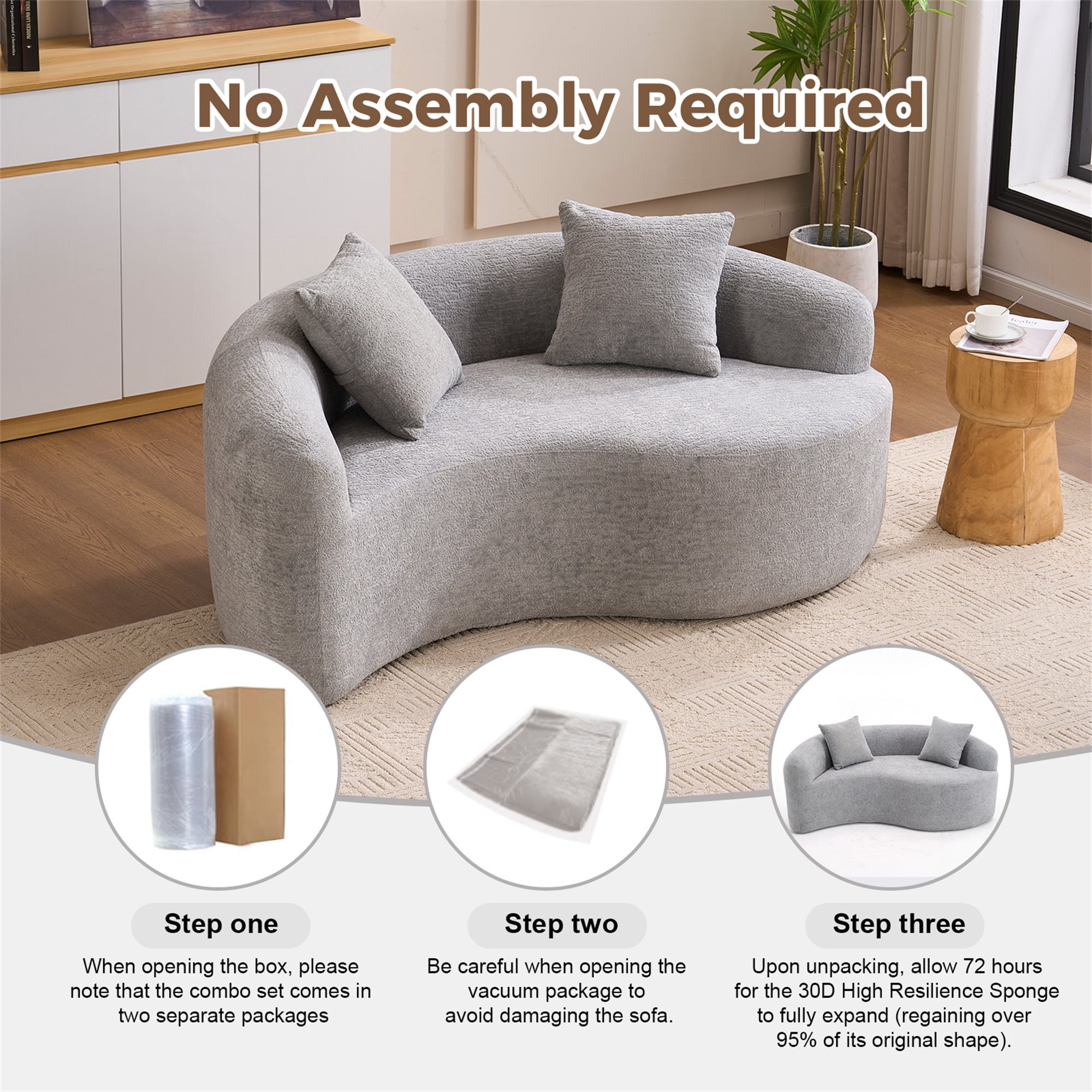 Aukfa 67" Small Sofa S-Curved Loveseat Couch Modular Sofa No Assembly, 2 Pillows, Chenille, Gray