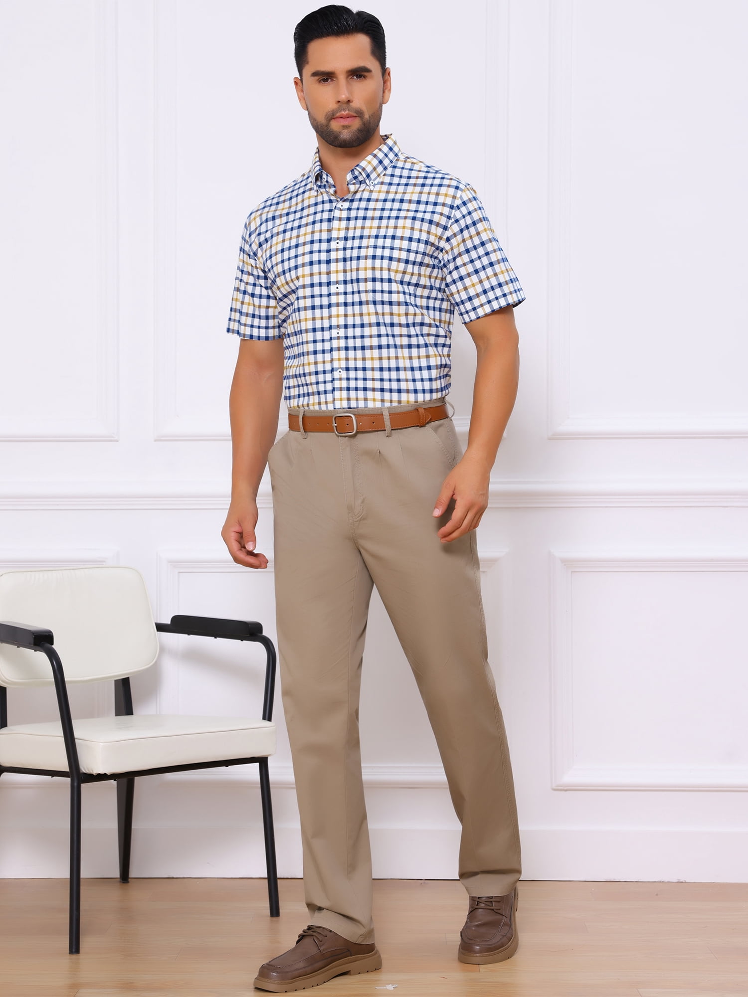 DARING DIVA Men's Point Collar Short Sleeve Button Business Plaid Shirts XL Blue Yellow