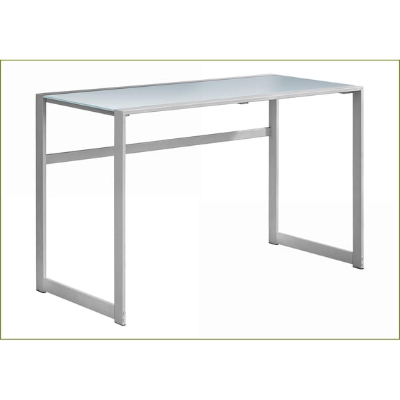 Desks, 48”L Home Office Laptop Desk, Modern Contemporary, Frosted White Tempered Glass Top, Grey Metal Legs | Silver | Tempered Glass