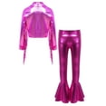 thumbnail image 2 of inlzdz Girls Jazz Dance Outfits Long Sleeve Sequin Tassels Jacket Bell-bottom Metallic Pants for Performance Hot Pink 14, 2 of 6