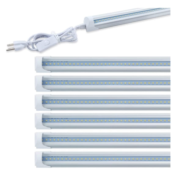 6 Pack LED T8 Shop Light, 4FT 24W 6000K Daylight White Linkable LED Integrated Tube Lights with Clear Cover, LED Bar Lights for Garage,Workshop,Workbench with On/Off Plug Cord