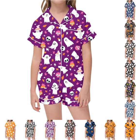 LIIPEE Girls Halloween Pajamas Cute Cartoon Graphic Print Short Sleeve Flat Collar Button Down Shirts And Shorts Sleepwear 2 Piece Set Kids Comfortable Holiday Party Nightwear,2-3 Years