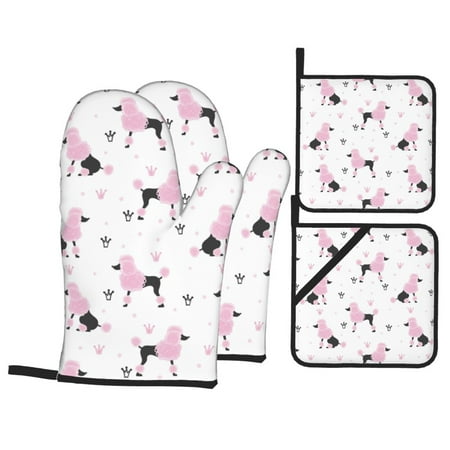 

Oven Mitts and Pot Holders 4 pcs Set Pink Cute Poodle Dog Crown Heat Resistant Pot Holders Oven Mitts for kitchen Non-Slip Hanging Loop Oven Glove Potholders for Baking Cooking