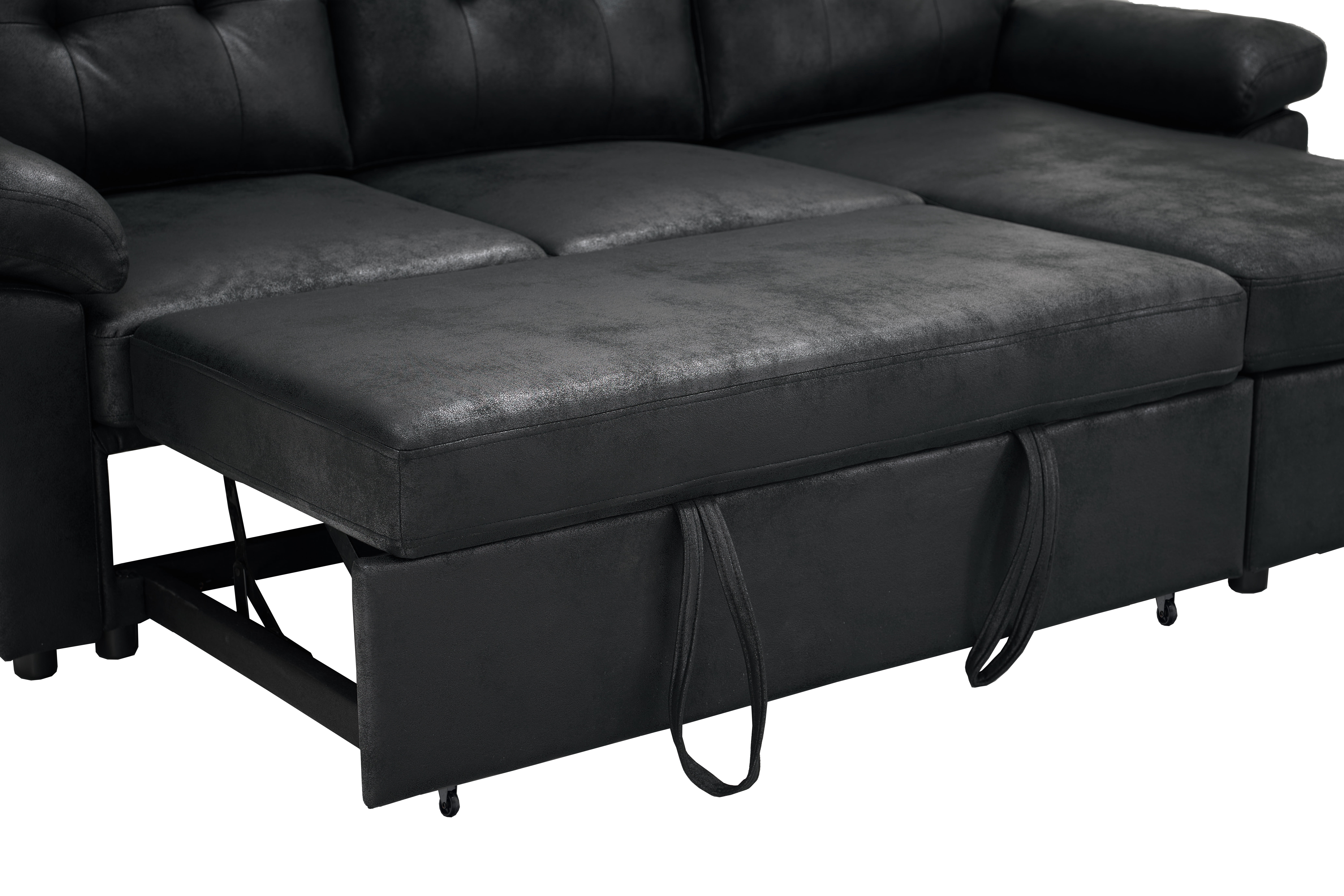 Leumius 88.5" Sectional Sofa with Pull-Out Bed,Convertible L-Shaped Sofa with Storage Chaise,and Soft and Soft Padded Armrests,Black