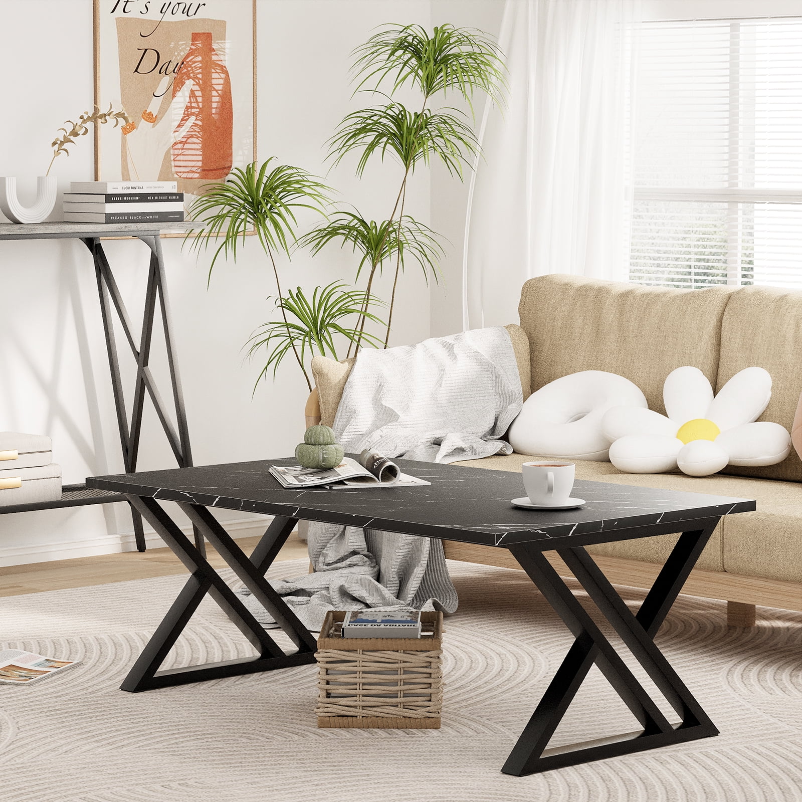 Coffee Table Living Room Table Black Center Table, Simple Modern Faux Marble Rectangular Tea Table with Sturdy Black-Finished Metal Frame