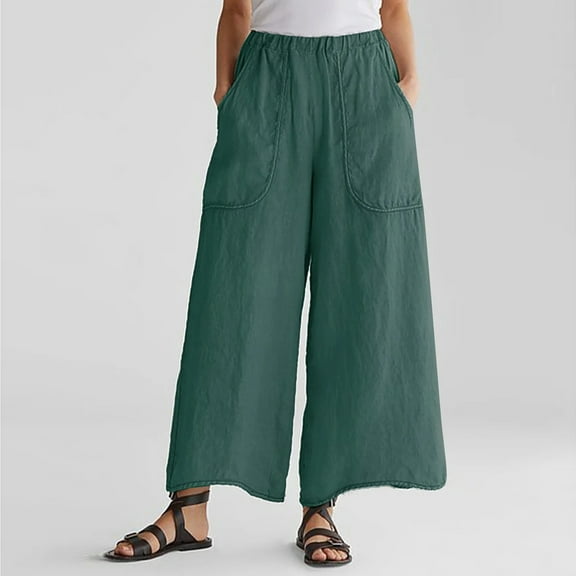 AOOCHASLIY 2023 Women's Pants Ladies Solid Color Elastic Waist Cotton and Linen Big Pocket Casual Pants