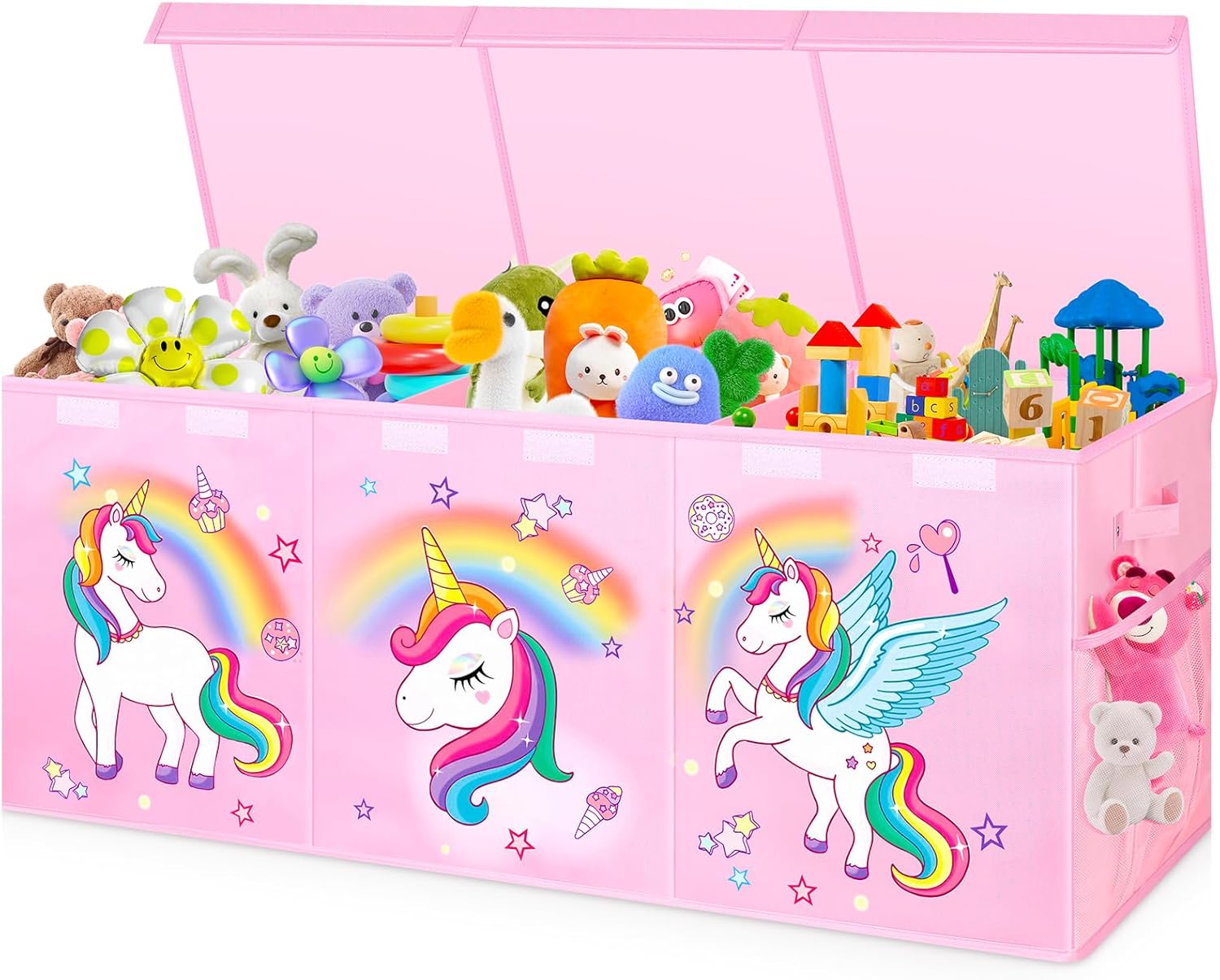 Large Toy Box, Collapsible Sturdy Kids Storage Organizer for Boys Girls, 25"x13"x16" Storage Box with Lids, Toy Chest Bins Basket for Living Room, Playroom, Nursery, Pink