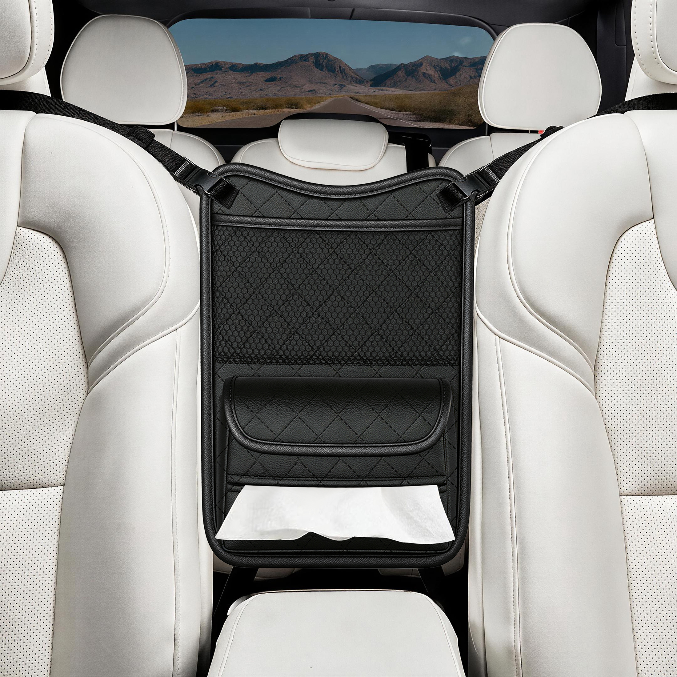 Auto Drive Black Diamond Embossed Faux Leather Seat Barrier Organizer,Car Tissue Holder, Durable Backseat Protector with Storage Pockets for Cars, Trucks, and SUVs,1 Pack