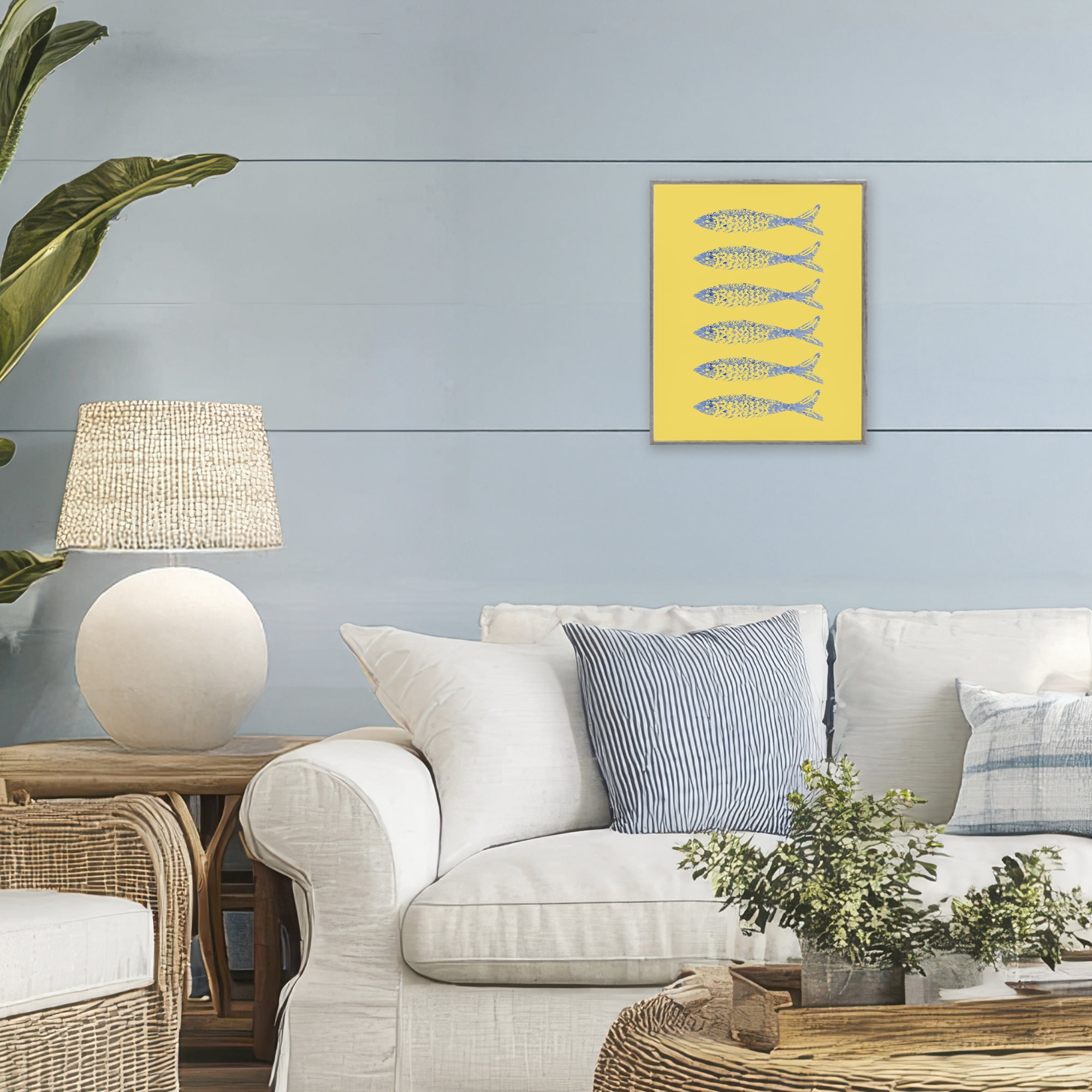 Stupell Industries Sardine Stamps on Yellow Gray Framed Giclee Art, design by Julie DeRice