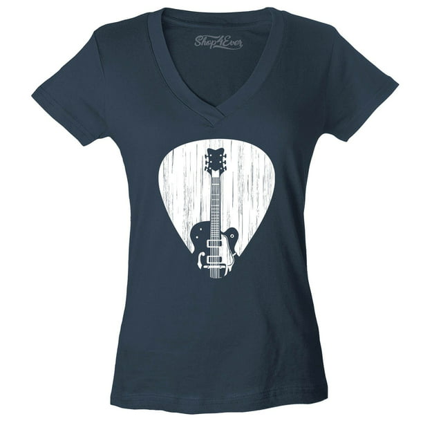Shop4Ever Women's Electric Guitar Pick Musician Slim Fit V-Neck T-Shirt Medium Charcoal