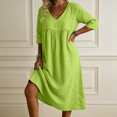 thumbnail image 5 of Summer V Neck Midi Dress for Women 3/4 Sleeve Solid Cotton Linen Dresses Casual Loose Beach Vacation Dresses with Pocket, XL, 5 of 6